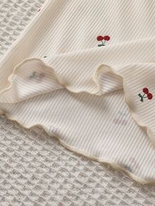 2pcs Girls Fashion Cute Ribbed Bow Cherry Print Long Sleeve Pants Ribbed Knit Fabric Loungewear Set - Multicolor - View 8
