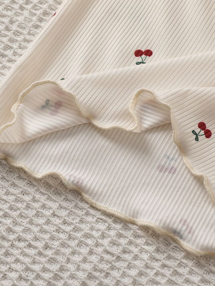 2pcs Girls Fashion Cute Ribbed Bow Cherry Print Long Sleeve Pants Ribbed Knit Fabric Loungewear Set - Multicolor - View 8
