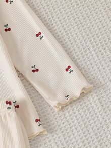 2pcs Girls Fashion Cute Ribbed Bow Cherry Print Long Sleeve Pants Ribbed Knit Fabric Loungewear Set - Multicolor - View 7