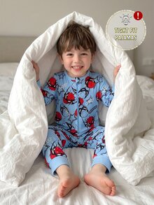 1件裝男童幼兒萬聖節恐怖英雄蜘蛛印花長袖連身褲，拉鍊式長褲，柔軟黑色與淺藍色，貼身剪裁，秋冬睡衣 - 藍色 - 查看 7