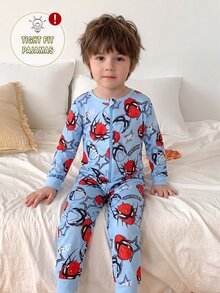 1件裝男童幼兒萬聖節恐怖英雄蜘蛛印花長袖連身褲，拉鍊式長褲，柔軟黑色與淺藍色，貼身剪裁，秋冬睡衣 - 藍色 - 查看 6