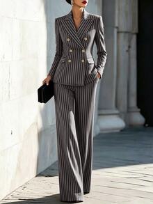 Louniche Light Grey Suit 2 Pieces Set, Professional Commuter Style With Vintage Fashion. Suitable For Office, Business And Casual Wear For Women, Summer Autumn - Dark Grey - View 1