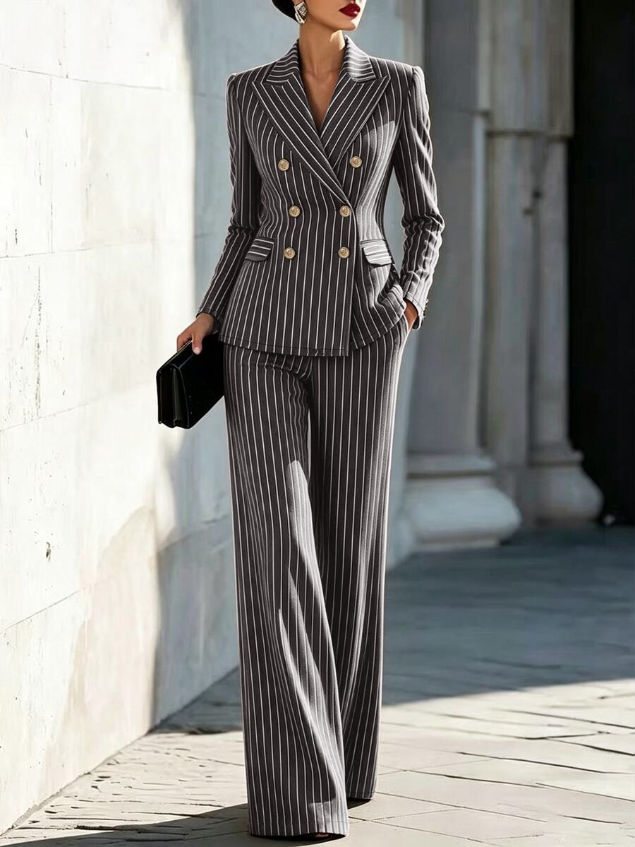Louniche Light Grey Suit 2 Pieces Set, Professional Commuter Style With Vintage Fashion. Suitable For Office, Business And Casual Wear For Women, Summer Autumn - Dark Grey - View 1