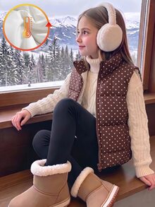少女冬季新學期棕杏色波點復古立領拉鍊背心短款馬甲，保暖內裡加厚，經典百搭，適合日常通勤、戶外疊穿，街頭風酷帥保暖加厚外套 - 咖啡棕 - 查看 3