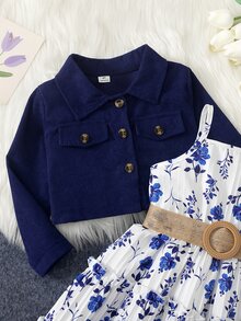SHEIN 女童 (小號) 海軍藍燈芯絨短夾克 + 小碎花洋裝 2 件套，長袖翻領短夾克，白色底藍色小碎花，適合日常上學、拍照、購物和外出 - 寶藍色 - 查看 6