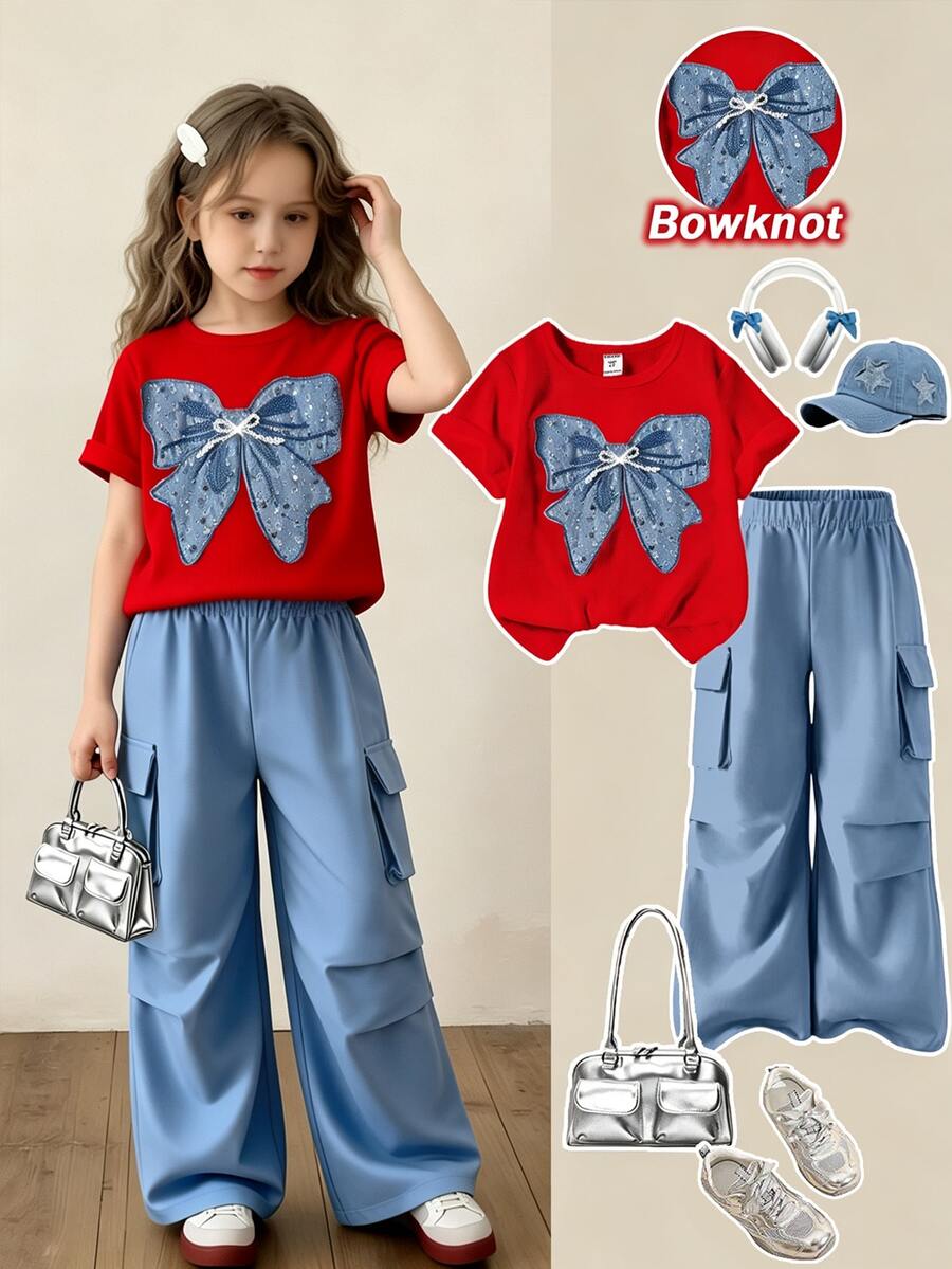 SHEIN ChillGRL 2件套少女休闲T恤和工装裤套装,蝴蝶结刺绣图案圆领短袖T恤和裤子,春夏时尚套装 - 紅色 - 查看 1