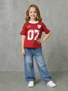 Casuvi Kids 女童休闲简约百搭大号数字07印花圆领短袖露脐T恤，宽松舒适，适合春、夏、秋季日常穿着，生日派对、学校活动、家庭聚会、正式场合。 - 紅色 - 查看 1