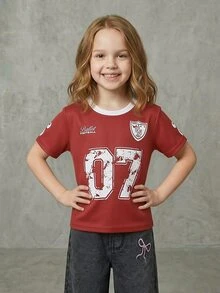 Casuvi Kids 女童休闲简约百搭大号数字07印花圆领短袖露脐T恤，宽松舒适，适合春、夏、秋季日常穿着，生日派对、学校活动、家庭聚会、正式场合。 - 紅色 - 查看 3