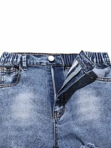 SHEIN 酷炫青少年男孩時尚破洞牛仔褲，百搭通勤街頭風多功能復古藍色牛仔長褲，秋冬款 - 中等水洗藍 - 查看 5