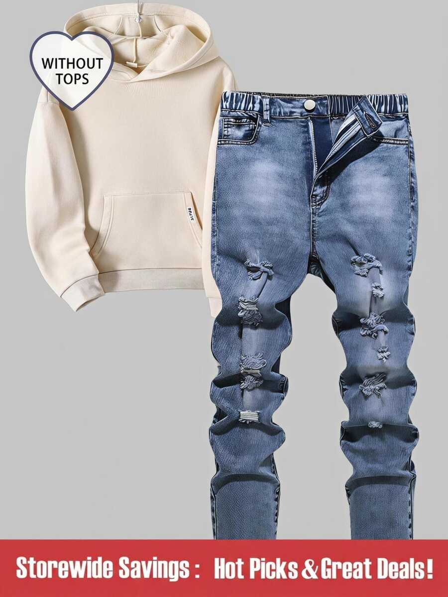SHEIN 酷炫青少年男孩時尚破洞牛仔褲,百搭通勤街頭風多功能復古藍色牛仔長褲,秋冬款 - 中等水洗藍 - 查看 1