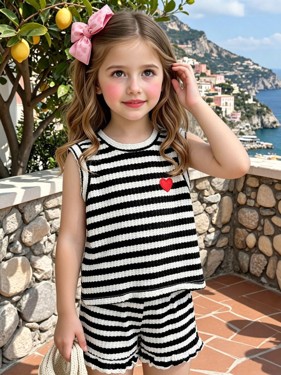 SHEIN Vintaside Kids 2件組女孩夏季無袖套裝,家庭款花卉與格紋軟舒適戶外穿著,洋紅色上衣+短褲,寬鬆休閒卡通造型 - 彩色 - 查看 1