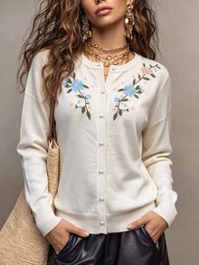 Omancia Spring/Autumn French Fresh Style Floral Embroidered Knit Cardigan, Round Neck Single-Breasted Ribbed Hem Slim Fit Top, Versatile Layering For Daily Commute, Campus, Dating, Sweet Girly Style Women's Open-Front Sweater - White - View 1