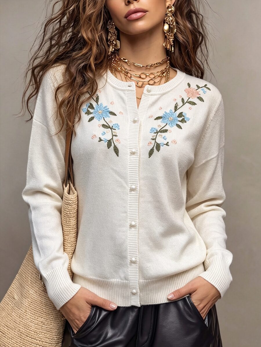 Omancia Spring/Autumn French Fresh Style Floral Embroidered Knit Cardigan, Round Neck Single-Breasted Ribbed Hem Slim Fit Top, Versatile Layering For Daily Commute, Campus, Dating, Sweet Girly Style Women's Open-Front Sweater - White - View 1