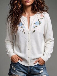Omancia Spring/Autumn French Fresh Style Floral Embroidered Knit Cardigan, Round Neck Single-Breasted Ribbed Hem Slim Fit Top, Versatile Layering For Daily Commute, Campus, Dating, Sweet Girly Style Women's Open-Front Sweater - White - View 5