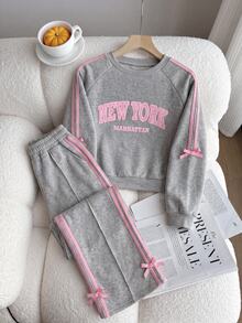 Elladie kids 2件組女童春秋新款灰色甜美學院風法式運動套裝，長袖，抓絨，冬季 - 灰色 - 查看 1