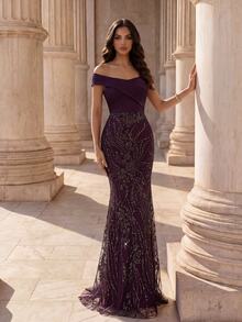 Coutiva Gaun Malam Formal Glamor Wanita Model Duyung dengan Hiasan Payet dan Potongan Bahu Terbuka (Gaya Mewah) - Purple - View 2