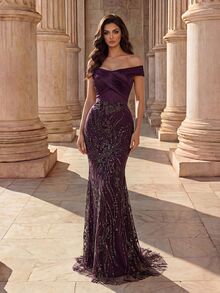 Coutiva Gaun Malam Formal Glamor Wanita Model Duyung dengan Hiasan Payet dan Potongan Bahu Terbuka (Gaya Mewah) - Purple - View 3