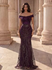 Coutiva Gaun Malam Formal Glamor Wanita Model Duyung dengan Hiasan Payet dan Potongan Bahu Terbuka (Gaya Mewah) - Purple - View 4