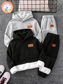 SHEIN Kids Tween Boy Letter Patchwork Thermal Lined Casual Sweatpants Pcs Autumn - Multicolor - View 1