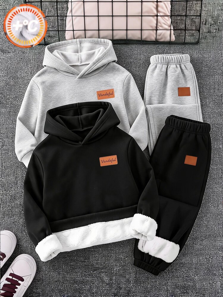 SHEIN Kids Tween Boy Letter Patchwork Thermal Lined Casual Sweatpants Pcs Autumn - Multicolor - View 1