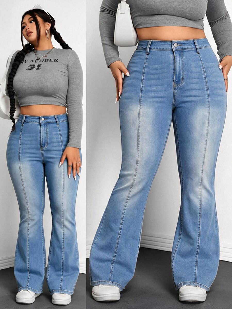 Rivivi Plus Size Fashion Versatile Button Pocket Flared Jeans - Blue - View 1