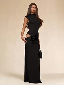 SHEIN BAE Spring/Summer Brown High Neck Cap Sleeve Ruched Waist High Waist Single Side High Slit Satin Long Dress + Sexy Mature Style, Evening Party, Birthday Date, Bar Gathering, Red Carpet Cocktail Dress + - Brown - View 5