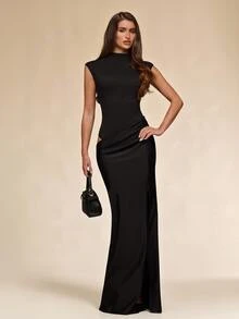 SHEIN BAE Spring/Summer Brown High Neck Cap Sleeve Ruched Waist High Waist Single Side High Slit Satin Long Dress + Sexy Mature Style, Evening Party, Birthday Date, Bar Gathering, Red Carpet Cocktail Dress + - Brown - View 1