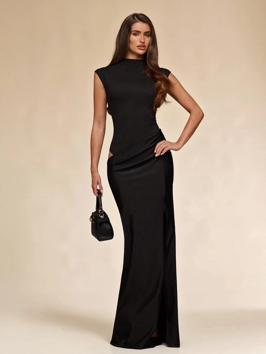 SHEIN BAE Spring/Summer Brown High Neck Cap Sleeve Ruched Waist High Waist Single Side High Slit Satin Long Dress + Sexy Mature Style, Evening Party, Birthday Date, Bar Gathering, Red Carpet Cocktail Dress + - Brown - View 1
