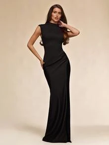 SHEIN BAE Spring/Summer Brown High Neck Cap Sleeve Ruched Waist High Waist Single Side High Slit Satin Long Dress + Sexy Mature Style, Evening Party, Birthday Date, Bar Gathering, Red Carpet Cocktail Dress + - Brown - View 6