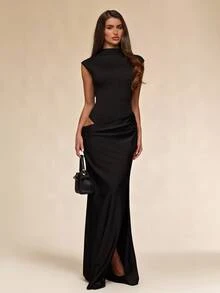 SHEIN BAE Spring/Summer Brown High Neck Cap Sleeve Ruched Waist High Waist Single Side High Slit Satin Long Dress + Sexy Mature Style, Evening Party, Birthday Date, Bar Gathering, Red Carpet Cocktail Dress + - Brown - View 3