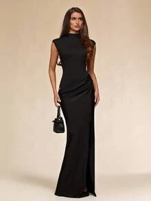 SHEIN BAE Spring/Summer Brown High Neck Cap Sleeve Ruched Waist High Waist Single Side High Slit Satin Long Dress + Sexy Mature Style, Evening Party, Birthday Date, Bar Gathering, Red Carpet Cocktail Dress + - Brown - View 4