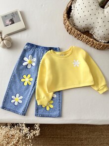LMoss Kids 女嬰可愛秋冬黃色長袖運動衫與鬆緊腰長褲2件套 - 彩色 - 查看 3