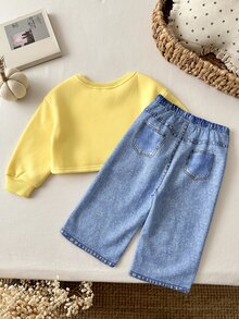 LMoss Kids 女嬰可愛秋冬黃色長袖運動衫與鬆緊腰長褲2件套 - 彩色 - 查看 2