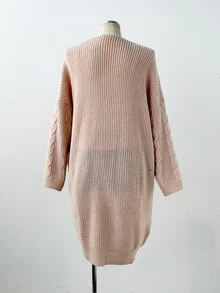 Sunspun Autumn/Winter Loose Casual Vintage Cable Knit Ribbed Long Cardigan Sweater - Apricot - View 2