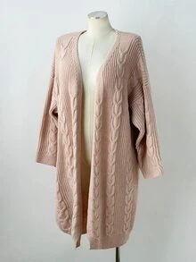 Sunspun Autumn/Winter Loose Casual Vintage Cable Knit Ribbed Long Cardigan Sweater - Apricot - View 4