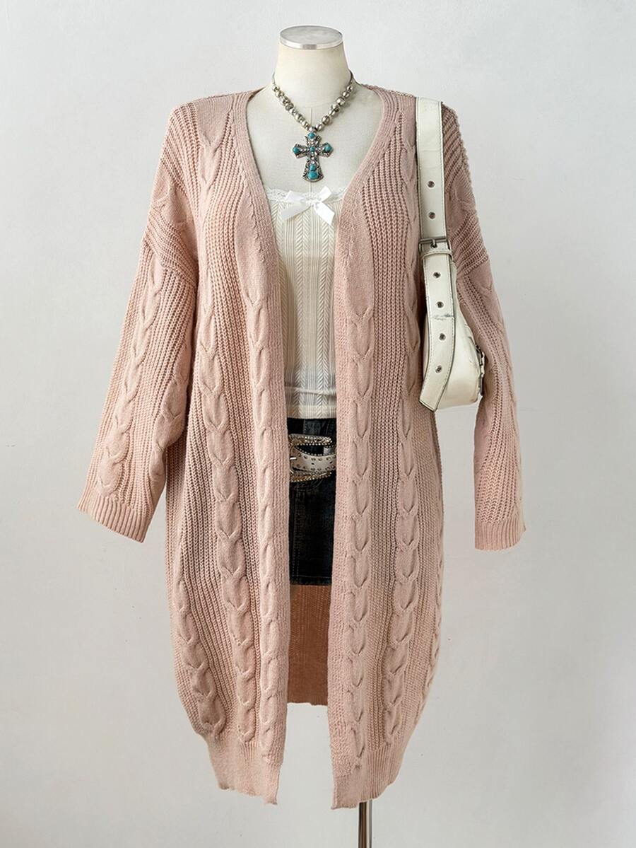 Sunspun Autumn/Winter Loose Casual Vintage Cable Knit Ribbed Long Cardigan Sweater - Apricot - View 1