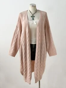 Sunspun Autumn/Winter Loose Casual Vintage Cable Knit Ribbed Long Cardigan Sweater - Apricot - View 8