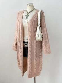 Sunspun Autumn/Winter Loose Casual Vintage Cable Knit Ribbed Long Cardigan Sweater - Apricot - View 3