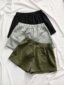 SHEIN VCAY 女款夏季休閒百搭沙灘短褲 黑色、綠色與白色鼠尾草綠 - 軍綠色 - 查看 5