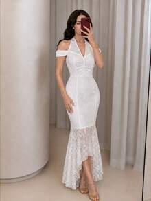 Modelyn Women's Elegant Solid Color Lace Open Shoulder Halter Maxi Fishtail Dress - White - View 6