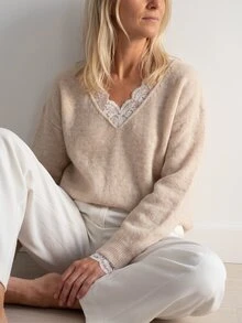 Breezaya Autumn/Winter V-Neck Lace Patchwork Knit Pullover Sweater - Apricot - View 3
