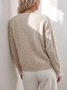Breezaya Autumn/Winter V-Neck Lace Patchwork Knit Pullover Sweater - Apricot - View 2