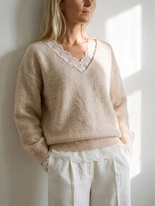 Breezaya Autumn/Winter V-Neck Lace Patchwork Knit Pullover Sweater - Apricot - View 4