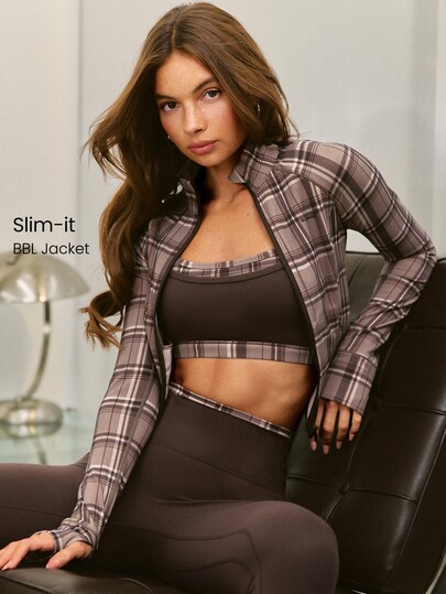 GLOWMODE جاكيت رياضي قصير بسحاب FeatherFit™ Bold Strides بياقة واقفة وخطوط متباينة وجيوب وفتحات للإبهام لليوغا والبيلاتس والاستخدام اليومي والكاجوال