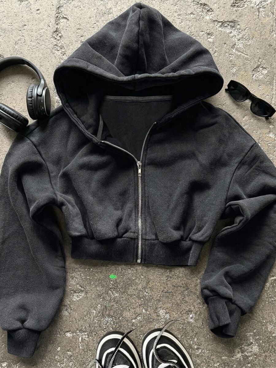 SHEIN Kids Tween Girl Zipper Fashion Versatile Daily Wear Hooded Snowflake Sweatshirt - Grey - View 1