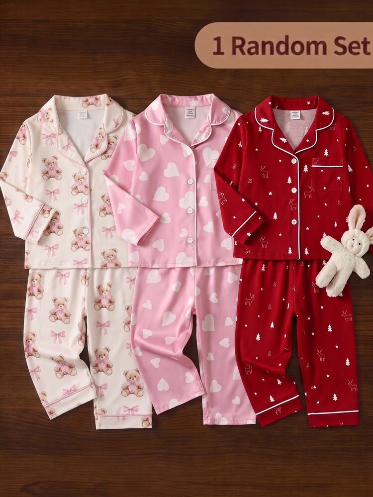 SHEIN Baby Girl Woven Heart Pattern Lapel Single Pocket Casual Pajama Top And Long Pants 2 Pieces Set - Multicolor - View 5