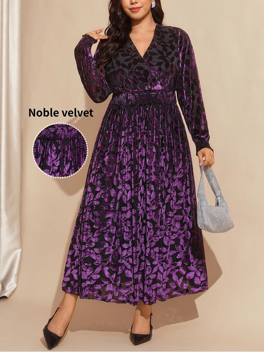 Comfylo Plus Size Women's V-Neck All-Over Print Pleated Casual Party Dress Fall - Purple - View 1