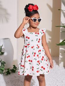 SHEIN 小女孩可爱樱桃印花度假连衣裙 - 紅色 - 查看 4