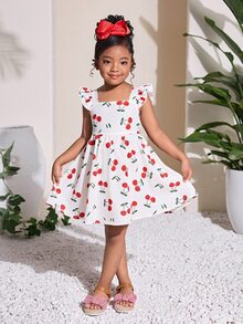 SHEIN 小女孩可爱樱桃印花度假连衣裙 - 紅色 - 查看 3