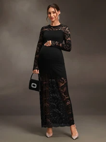 Cheriluna Maternity Black Long Lace Patchwork Maternity Photo Shoot Dress With Flared Sleeves And Mermaid Hem, Elegant Sexy For Party Formal Evening Events Fall - Black - View 1